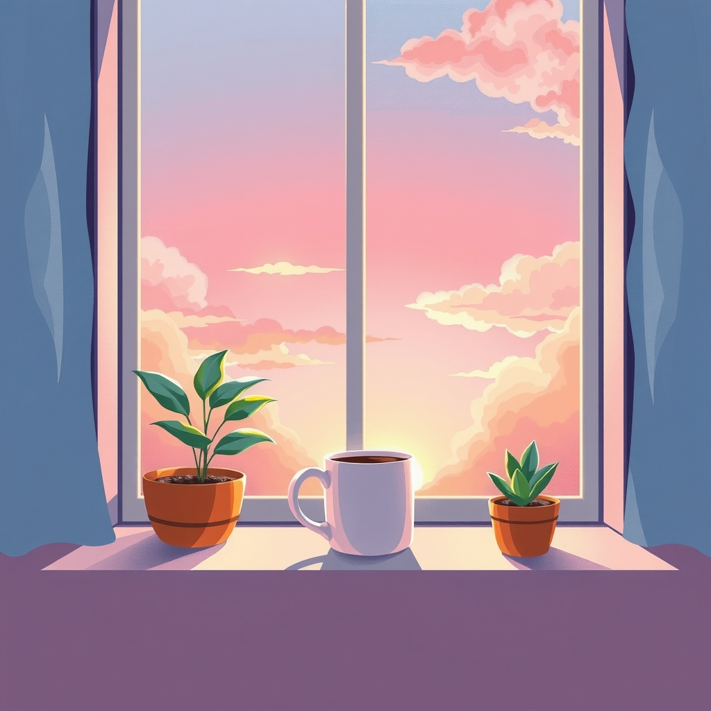 夕焼けの窓辺に、マグカップと小さな鉢植え 2 つが並ぶイラスト（AI が作った画像）