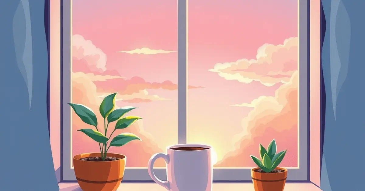 夕焼けの窓辺に、マグカップと小さな鉢植え 2 つが並ぶイラスト(AI が作った画像)